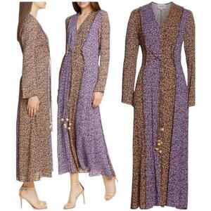 Nanushka NWT Kamil Animal Patchwork Bicolor Long Sleeve Pleated Maxi Dress Small